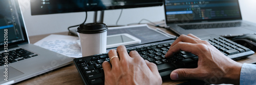 Fotomural Programmer Typing Code on desktop computer, Developing programming and coding technologies concept