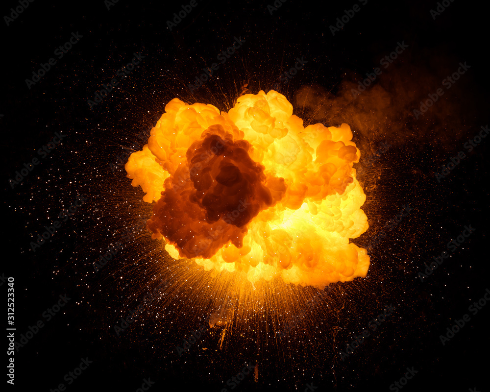 Fiery bomb explosion with sparks isolated on black background. Fiery detonation. - obrazy, fototapety, plakaty 