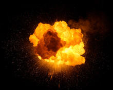 Fiery Bomb Explosion With Sparks Isolated On Black Background. Fiery Detonation.