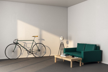 Minimalistic living room interior with sofaand bicycle