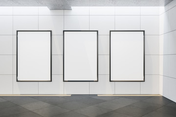 Contemporary concrete gallery interior with three empty banner.