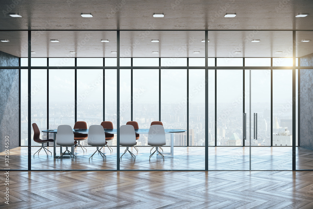 Modern meeting room interior with city view - obrazy, fototapety, plakaty 