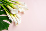 Bouquet  of White calla lilies and monstera leafs on pink background with copy space, top view