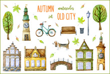 Cute Old Town Houses, Town Hall, Bell Tower, Bridge, Cartoon Trees, Retro Bike, Basset Hound Dog, Bench, Old Street Lamp And Trash Can In Autumn Watercolor Old City Set Isolated On White Background