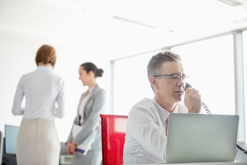 Wall Mural - Businessman talking on telephone with colleagues in background at office