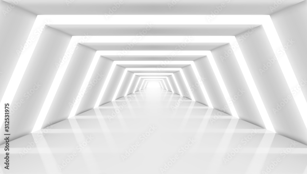 3D Abstract Future Long Corridor Light Interior - obrazy, fototapety, plakaty 