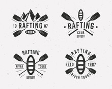Rafting Logo Set With Raft, Crossed Paddles And Mountains Silhouettes. Vintage Typography. Vector Illustration