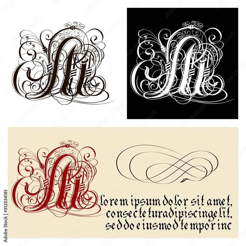 Decorative Gothic Letter M. Uncial Fraktur calligraphy. Stock Vector ...