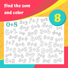  Find the sum and color addition worksheet set. Coloring book page. Math game. Addition, writing and search skills educational exercise. 
