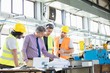 © moodboard - Supervisor with workers examining blueprints at table in industry