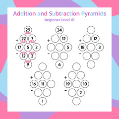 Addition and Subtraction Pyramid Set. Educational Math Game Worksheet. Mathematics puzzle. 