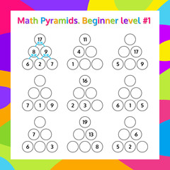 Wall Mural - Math Pyramid Educational Game Worksheet. Mathematics puzzle. 