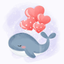 Cute Blue Whale Flying With Heart Balloons