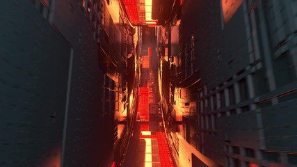 Poster - 3d render of 4k sci-fi tunnel with glowing zones with motion blur. High detailed surface of spaceship corridor. Loopable animation.