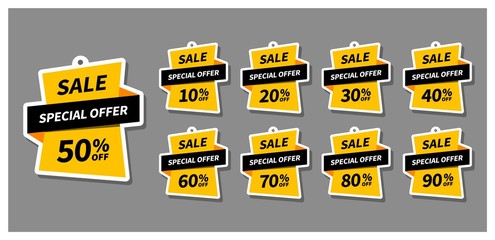Poster - Modern sale tags set. Label design for use in ad, web, print and marketing. Vector badges template, up to 10, 20, 30, 40, 50, 60, 70, 80, 90 percent off.