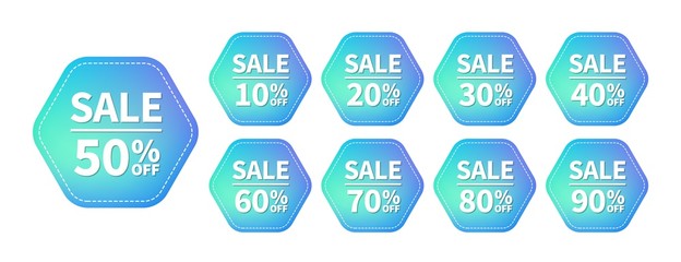 Poster - Blue abstract sale tags design. Bright label design template for print or web. Vector badges template, up to 10, 20, 30, 40, 50, 60, 70, 80, 90 percent off.
