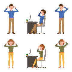 Sad, exhausted, miserable office boy and girl vector illustration. Standing unhappily, upset, talking on smartphone, depressed man and woman cartoon character set on white