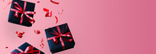 Black Gift Box With Red Ribbon And Bow, Over Red Background.