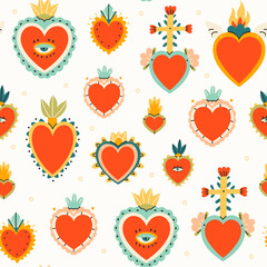 Wall Mural - Various Sacred hearts. Traditional Mexican hearts. Hand drawn colored trendy vector illustration. Seamless pattern