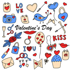 Wall Mural - Set of elements for Valentine's Day. Color vector illustration. Doodle style objects, hand-drawn and isolated on a white background