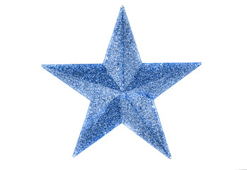 Blue christmas star isolated on white background. Decoration for the xmas tree. The top for the Christmas tree. Classic blue color, trend of the year.