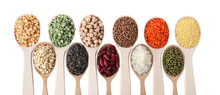 Different Types Of Legumes And Cereals On White Background, Top View. Organic Grains