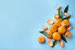 Fresh ripe tangerines on light blue background, flat lay. Space for text