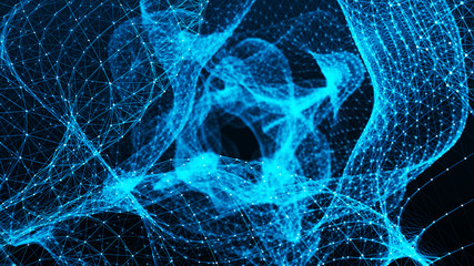 Poster - Abstract interstellar tunnel or portal. 3D wormhole of particles connected by lines. 4K illustration. 3d rendering.