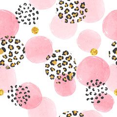 Seamless dotted pattern with pink circles and leopard print. Vector abstract background with watercolor shapes.