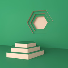 Wall Mural - Green and coral minimalist hexagon pedestal mockup for product display isolated on green background; abstract minimal geometric concept space; empty showcase; niche 3d rendering, 3d illustration