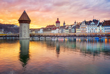 Dramatic Sunset Over Historical Lucerne Old Town, Switzerland