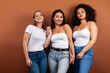 © iordani - young pretty asian, caucasian, afro woman posing cheerful together on brown background, lifestyle diverse nationality people concept