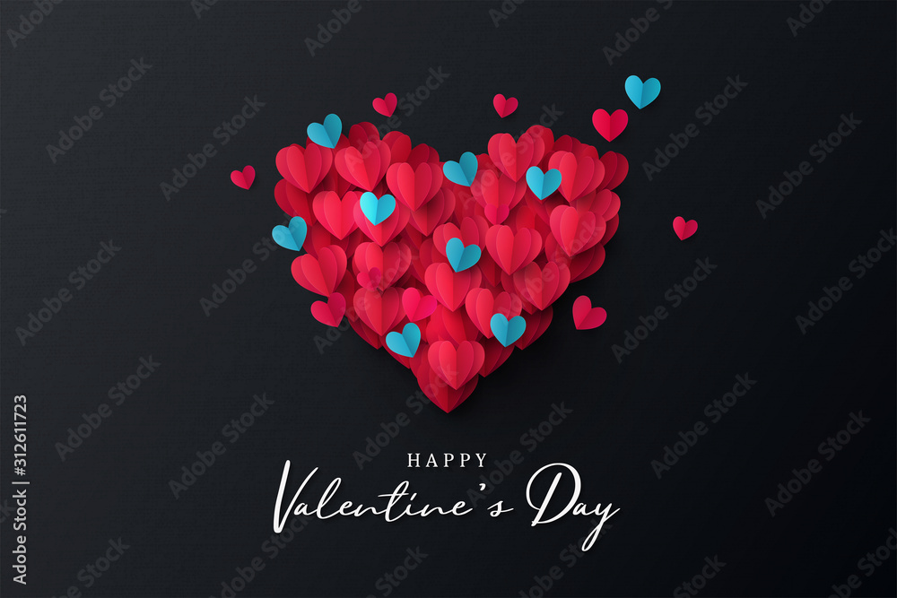 Happy Valentine's Day banner. Holiday background design with big heart made of pink, red and blue Origami Hearts on black fabric background. Horizontal poster, flyer, greeting card, header for website - obrazy, fototapety, plakaty 