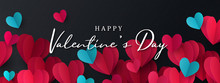Happy Valentine's Day Banner. Holiday Background Design With Border Frame Made Of Pink, Red And Blue Origami Hearts On Black Fabric Background. Horizontal Poster, Flyer, Greeting Card, Website Header 