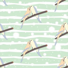 Seamless Hand Drawn Pattern With Beautiful Couple Of Birds Sitting On A Branch