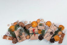 Beautiful, Natural, Reusable And Zero Waste Composition Of Christmas Objects With Craft Presents And A Wooden Deer..