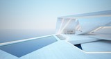 Fototapeta Miasto - Abstract architectural concrete, wood and glass interior of a modern villa on the sea with swimming pool and neon lighting. 3D illustration and rendering.