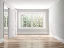 Empty Classical Style Room 3d Render,The Rooms Have Wooden Floors And Gray Walls ,decorate With White Moulding,there White Window Looking Out To The Balcony And Nature View.