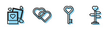 Set Line Key In Heart Shape, Two Blanks Photo Frames And Hearts, Two Linked Hearts And Signpost With Heart Icon. Vector