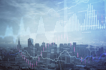 Aufkleber - Forex graph on city view with skyscrapers background multi exposure. Financial analysis concept.