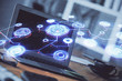 © peshkova - Computer on desktop with social network theme icon. Multi exposure. Concept of international connections.
