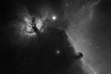 deep space objects flame nebula (ngc 2024) and horsehead nebula (b33 inside ic 434) in the constella