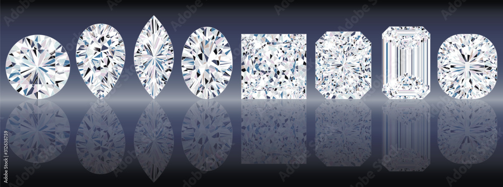 Set of sparkling water clear diamonds of various cut shape. Top view ...