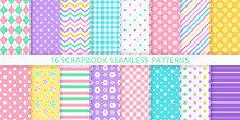 Scrapbook Seamless Pattern. Vector. Cute Geometric Background. Set Textures With Polka Dot, Stripe, Zigzag, Flower, Star, Check. Pastel Illustration. Abstract Retro Print. Trendy Color Backdrop.