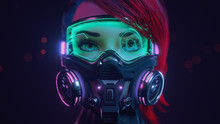 3d Illustration Of A Front View Of A Cyberpunk Girl With Short Red Hair Wearing Futuristic Gas Mask With Protective Green Glasses And Filters Standing In A Night Scene With Air Pollution. Concept Art.