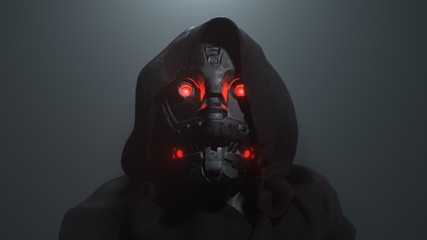 3D digital illustration of cyborg head with red luminous eyes in the hood in the night scene. Science fiction helmet with dark metal. Robot with artificial intelligence. Concept art futuristic soldier