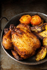 Canvas Print - close up of rustic golden roasted whole chicken