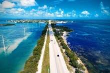 Aerial View Of Famous Bridges And Islands In The Way To Key West, Florida Keys, United States. Great Landscape. Vacation Travel. Travel Destination. Tropical Scenery. Caribbean Sea.