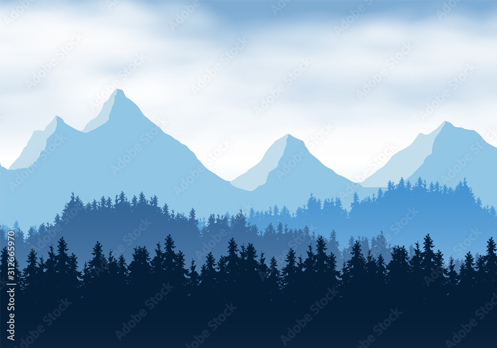 Realistic illustration of mountain landscape with coniferous forest and clouds. Overcast spring or winter sky, vector - obrazy, fototapety, plakaty 