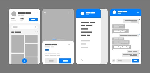 Fototapete - UI elements for mobile app concept. Use for social media, online store, hotel reservation. Wireframes screens. Flowchart.